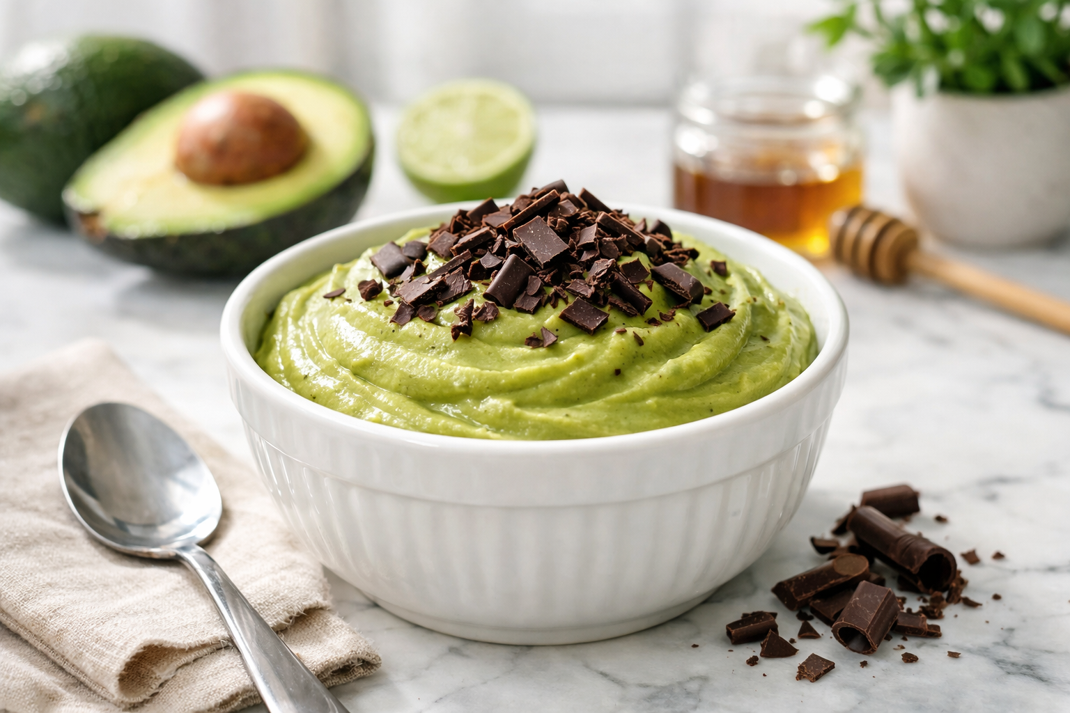 A bowl of avocado mouse topped with dark chocolate shavings in a bright kitchen setting-1