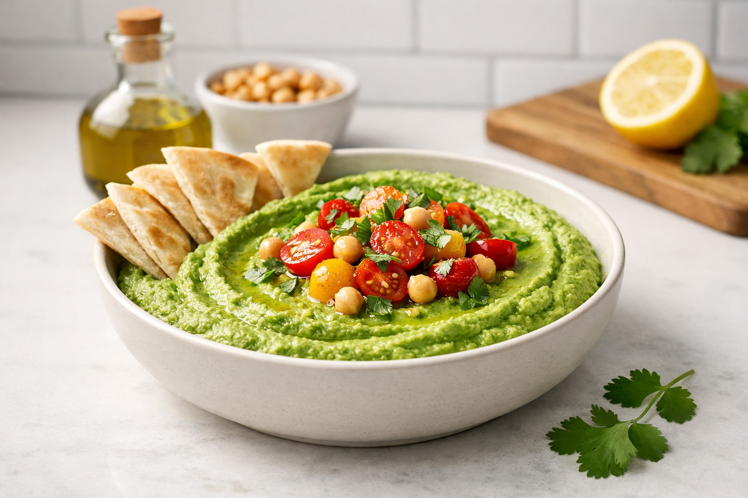 A bowl of green hummus with pitas topped with cherry tomatoes and cilantro Placement should be in a modern style bowl on top of a kitchen counter