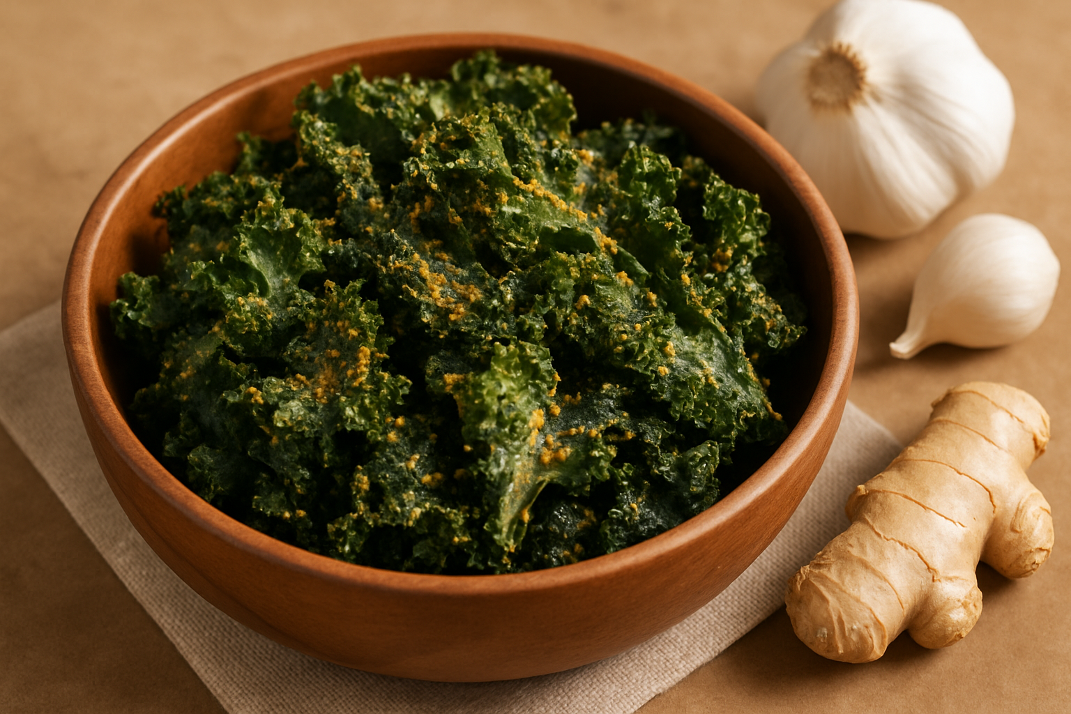A snack bowl on a table that contains kale chips seasoned with Garlic and Ginger-1