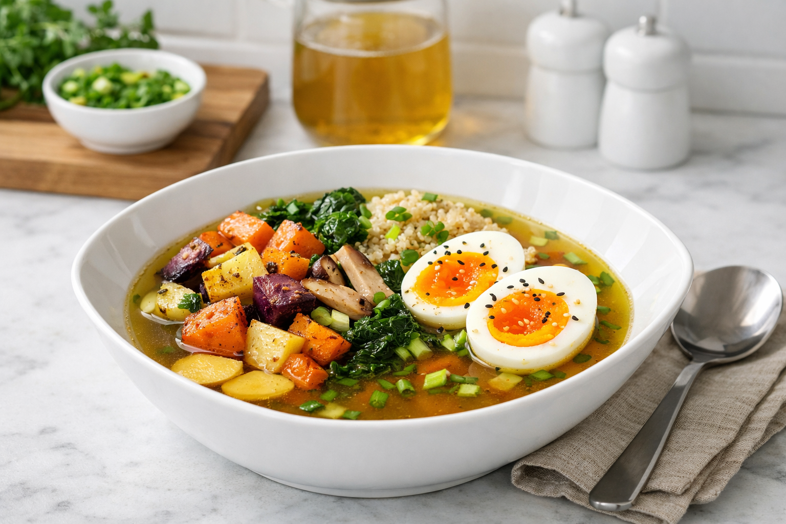In a modern shaped bowl in a clean style kitchen display a Golden Mineral Broth Bowl with SoftBoiled Egg  Roasted Root Vegetables-1