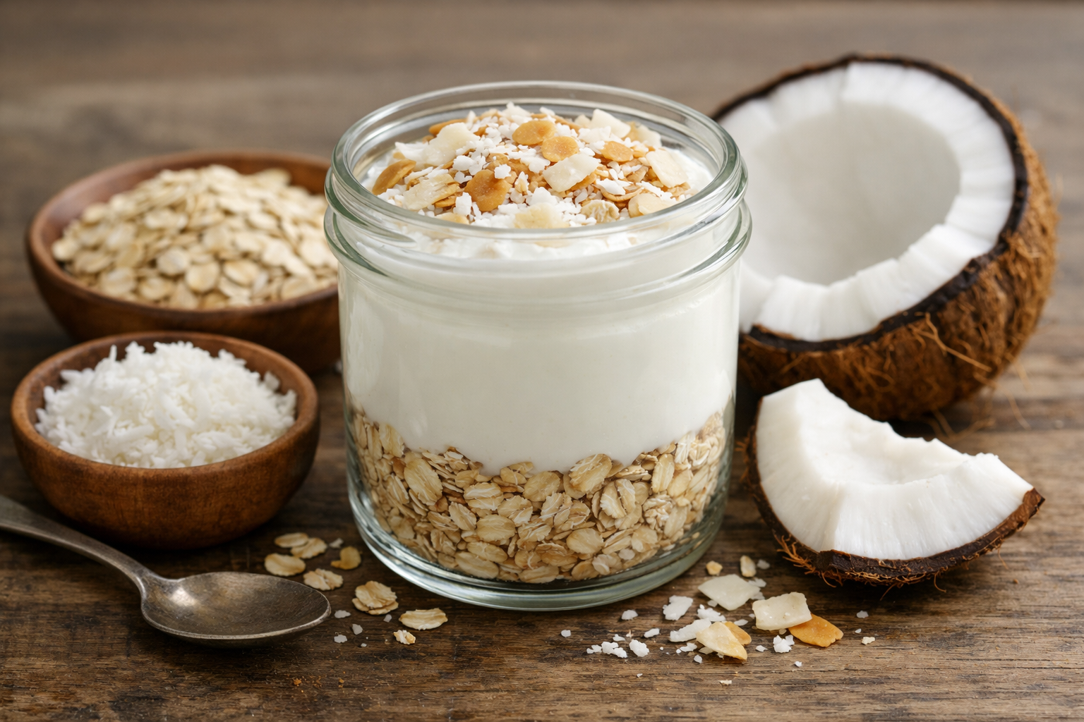 Show a bowl of yogurt in a clear glass jar layered with oats and coconuts on the table beside it